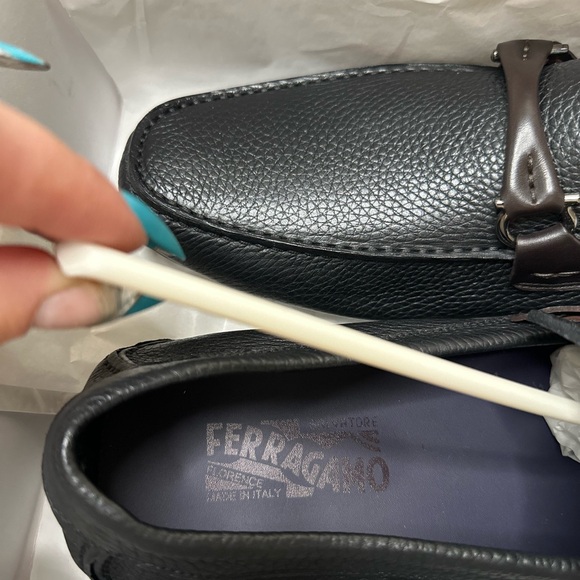 Salvatore Ferragamo Black Loafers with Brown Metal Buckle - Picture 8 of 13